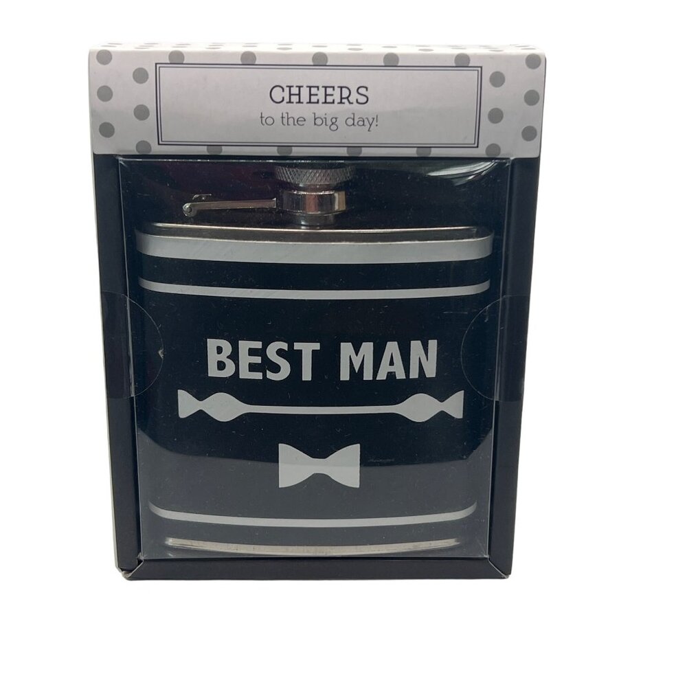 Boston Warehouse Best Man 6oz Stainless Steel Wedding Flask Black & Silver NEW